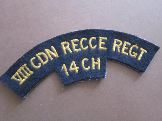This is a good example of shoulder title to the 8th Reconnaissance Regiment (14th Canadian Hussars)