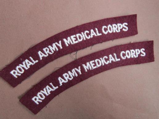 A nice un-issued set of full-worded block type lettering RAMC (Royal Army Medical Corps) shoulder titles