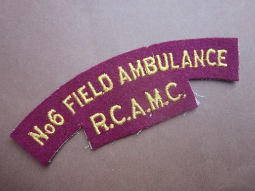 A nice un-issued un-authorized Canadian made No.6 Field Ambulance RCAMC (Royal Canadian Army Mecial Corps) shoulder title