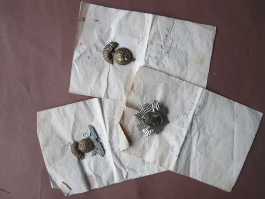 A nice little set of three World War one era cap badges with some information about the original owner 