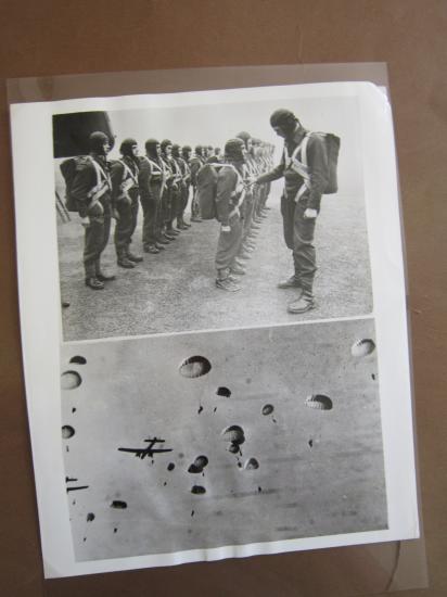 A unusual and difficult to find original early Airborne Forces 'press-release' photograph dispicting young trainees, probably from X-Troop waiting for a training jump