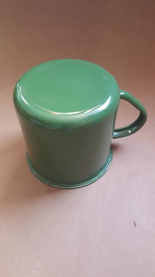 A nice and difficult to find late '30s early '40s standard issued dark green enamel 1 pint mug