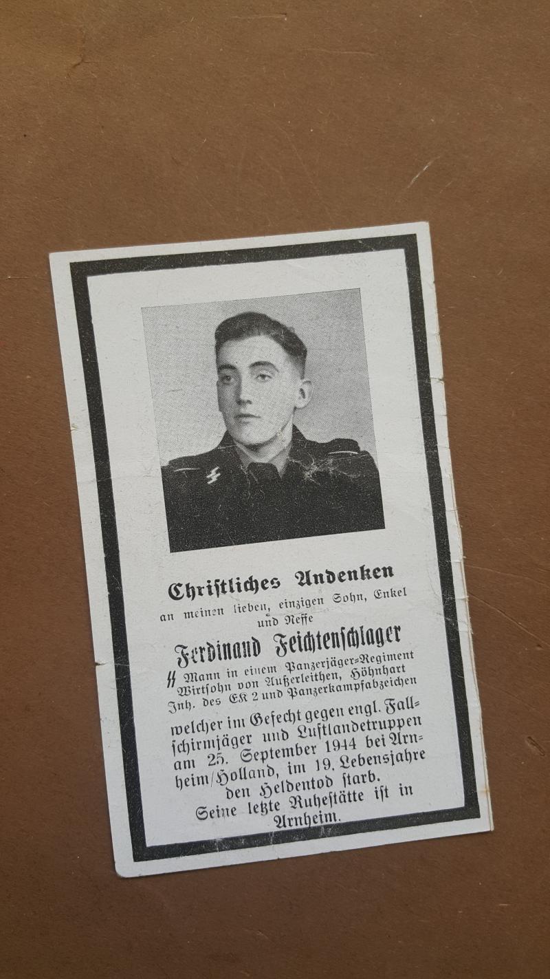 A original German so called deathcard i.e sterbebilder of Waffen SS Mann Ferdinand Feichtenschlager in a Panzerjäger Regiment KIA 25th of September 1944