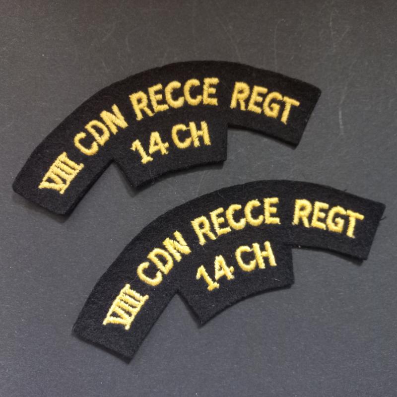 A attractive - fully matching and difficult to find British made - complete set of Canadian 8th Reconnaissance Regiment (14th Canadian Hussars) yellow on black embroided shoulder titles