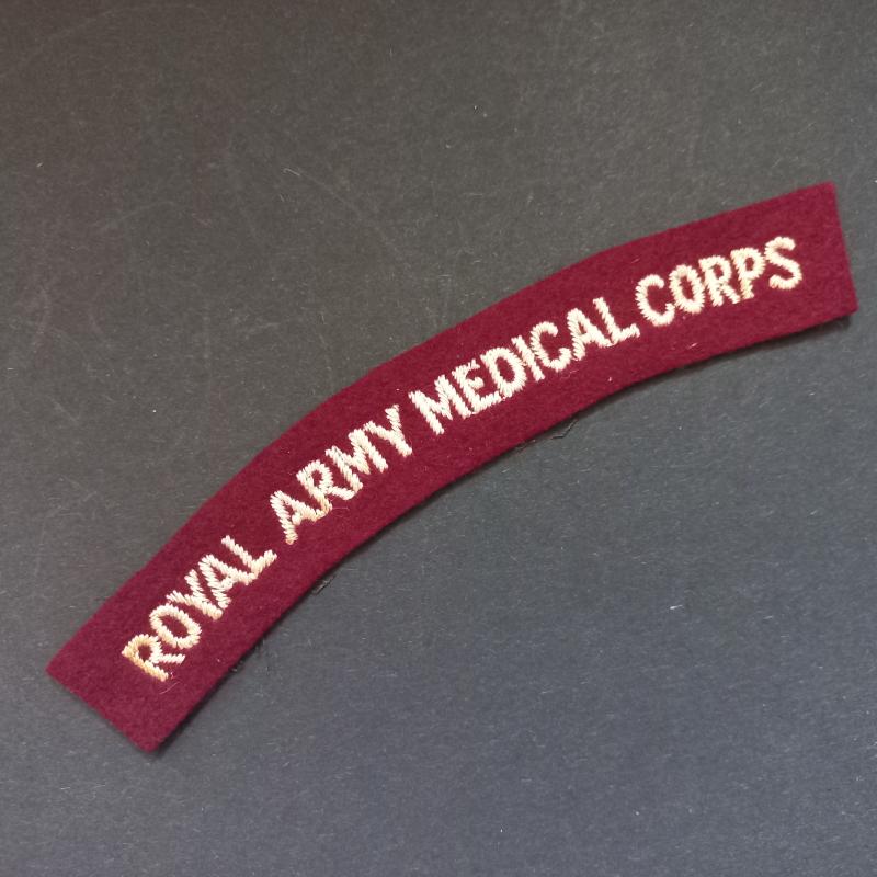 A great - not so often seen and regrettably single - full-worded block type lettering RAMC (Royal Army Medical Corps) shoulder title